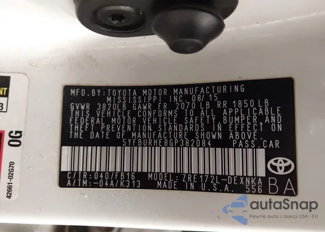 2016 Toyota Corolla Le z USA, uszkodzony, nr VIN 5YFBURHE8GP382084